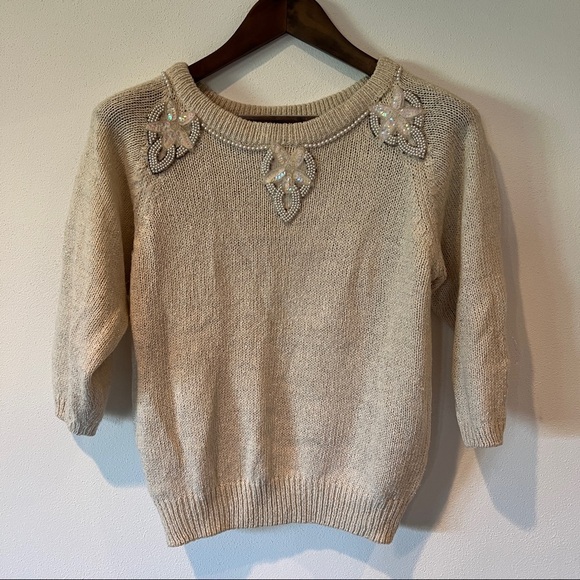 Vintage Sweaters - Vintage Extra Energy Beaded Collar Sequin Star Detail 3/4 Sleeve Sweater